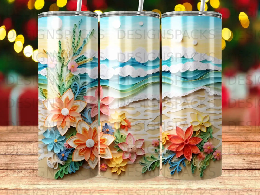Three tumblers with floral beach scene, waves, and sand.