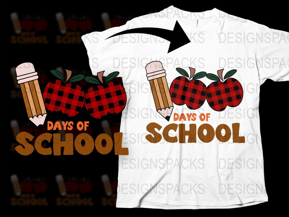 Teacher Appreciation T-Shirt 100 Days of School Apple Pencil Design Graphic Tee