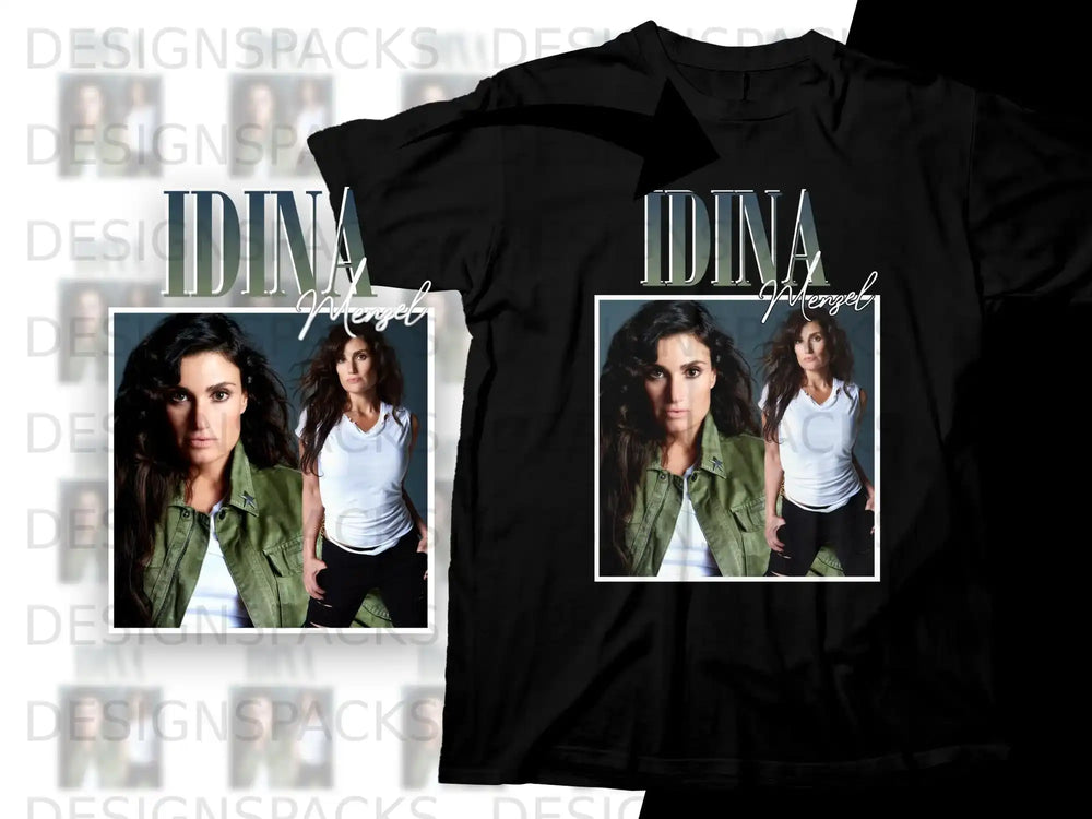 Idina Menzel black t-shirt with her portrait and signature.