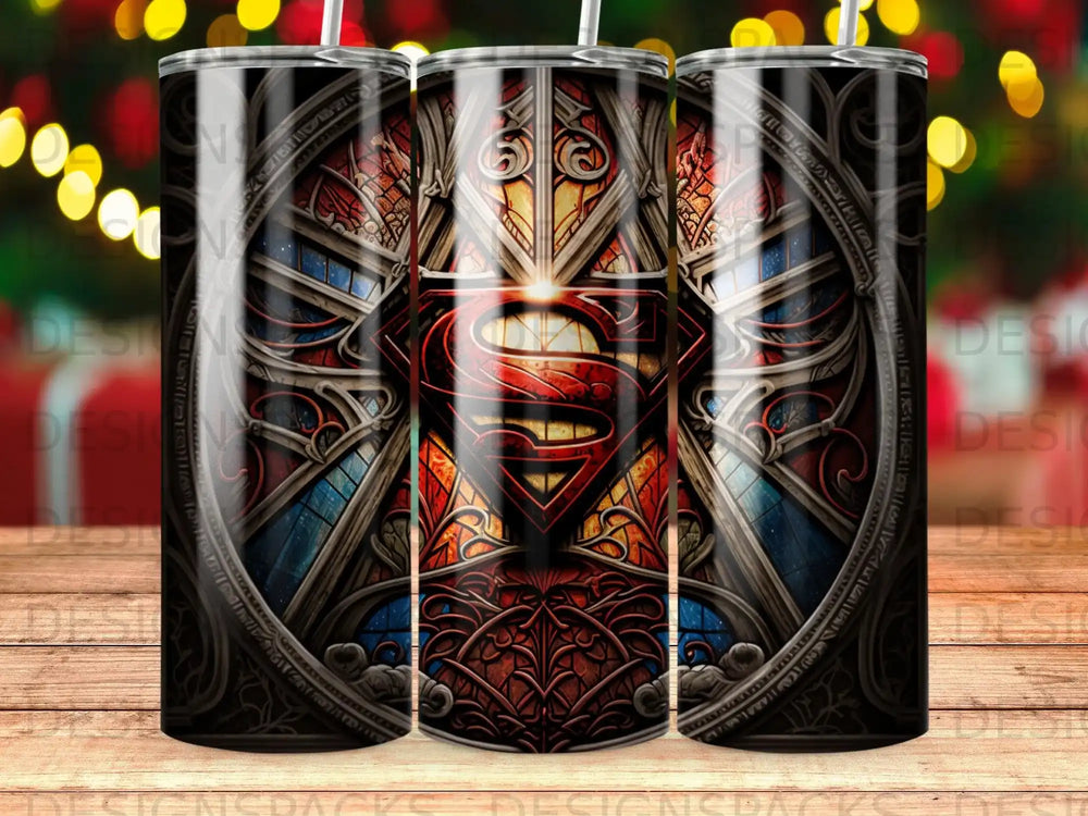 Superman logo within a stained glass window design on a tumbler.