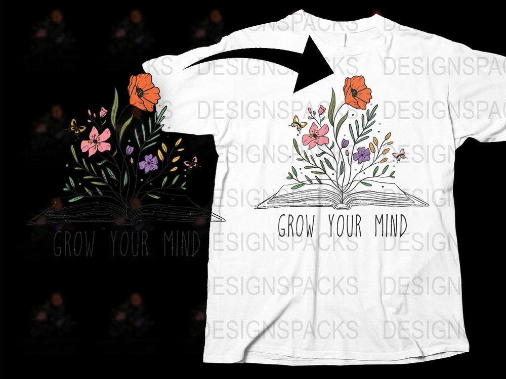Grow Your Mind Floral Book T-Shirt, Botanical Print Tee, Reading Lover Gift, Nature Inspired Top, Stylish Graphic Shirt for Women and Men