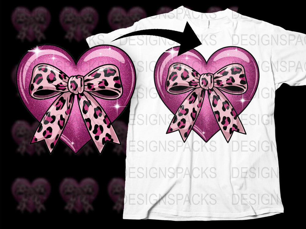Pink Leopard Print Bow Graphic T-Shirt, Stylish Heart Pattern, Feminine Casual Top