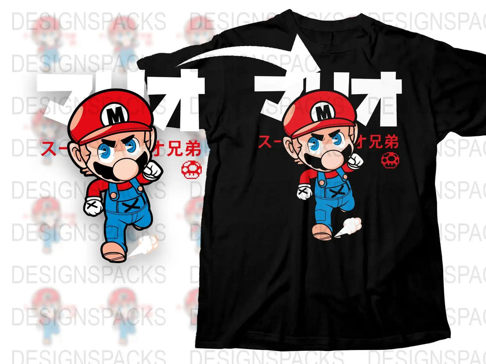Anime Style Cartoon Plumber Graphic T-Shirt, Black Tee with Red Character, Casual Streetwear, Cool Japanese Text Design Shirt