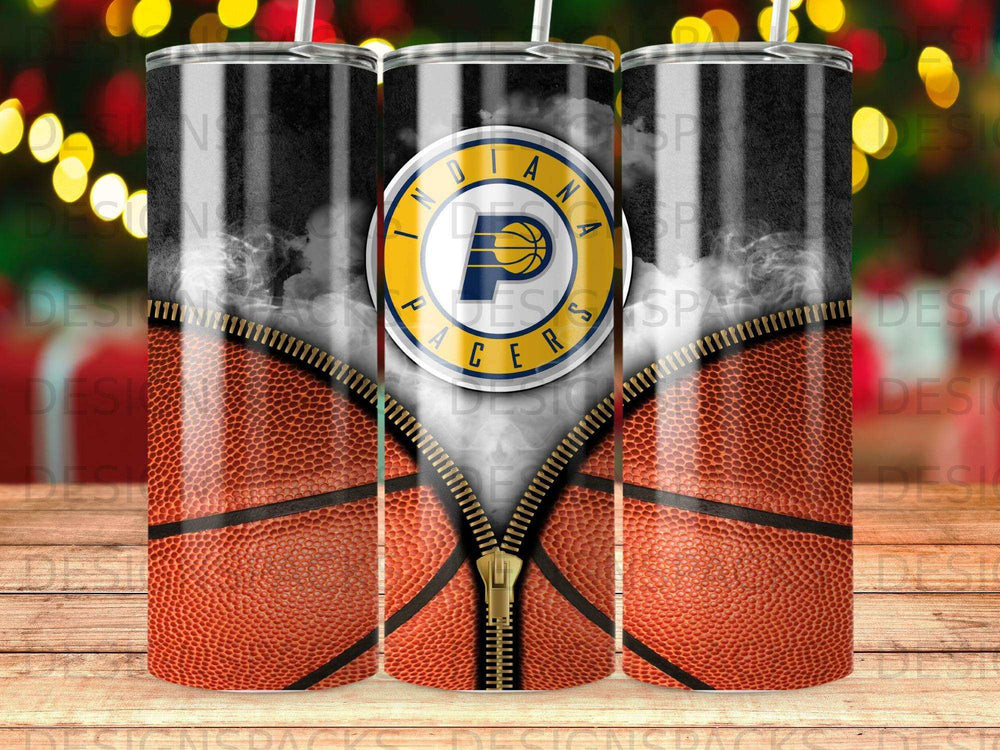 Basketball tumbler with Indianapolis Pacers logo and zipper design.