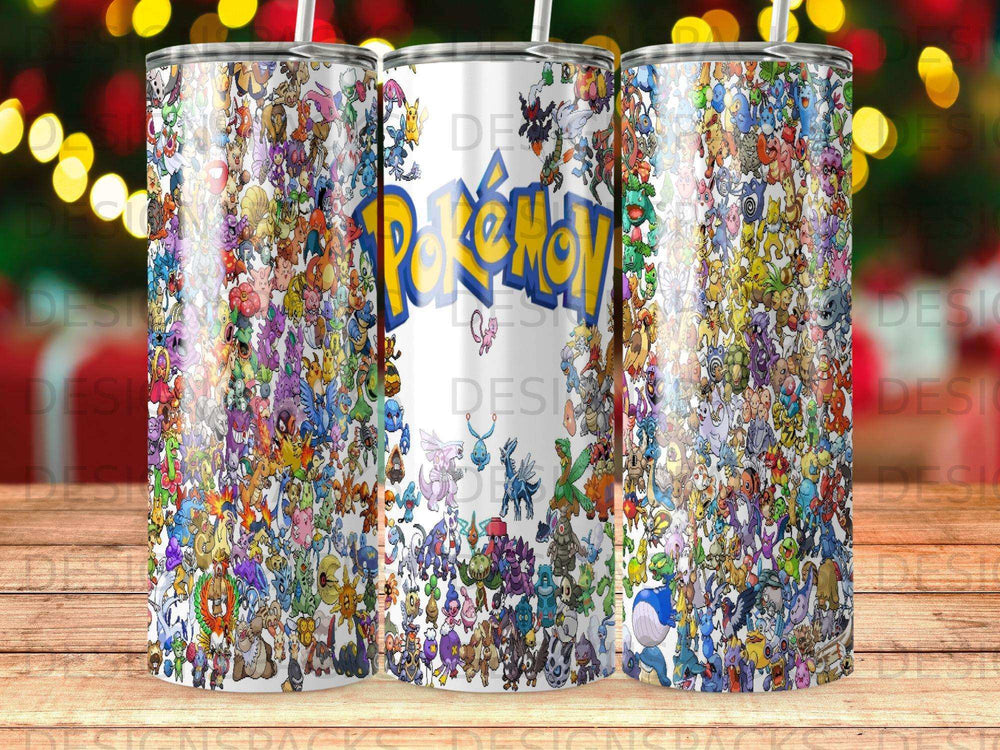 Pokemon characters covering a white tumbler.