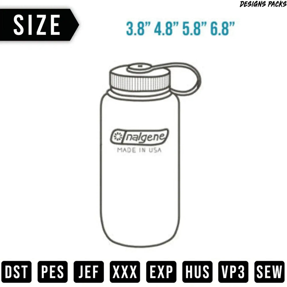 Nalgene bottle with size options and embroidery file formats listed.