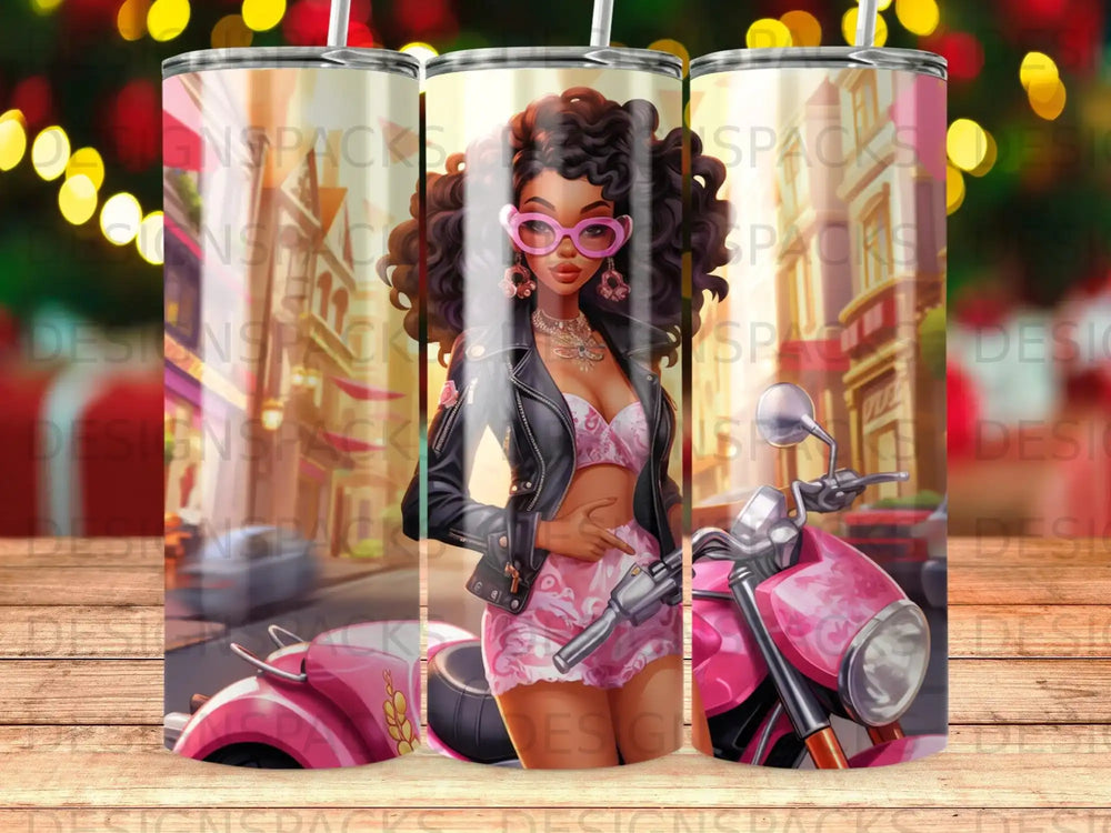Woman in pink outfit with pink sunglasses on pink motorcycle.