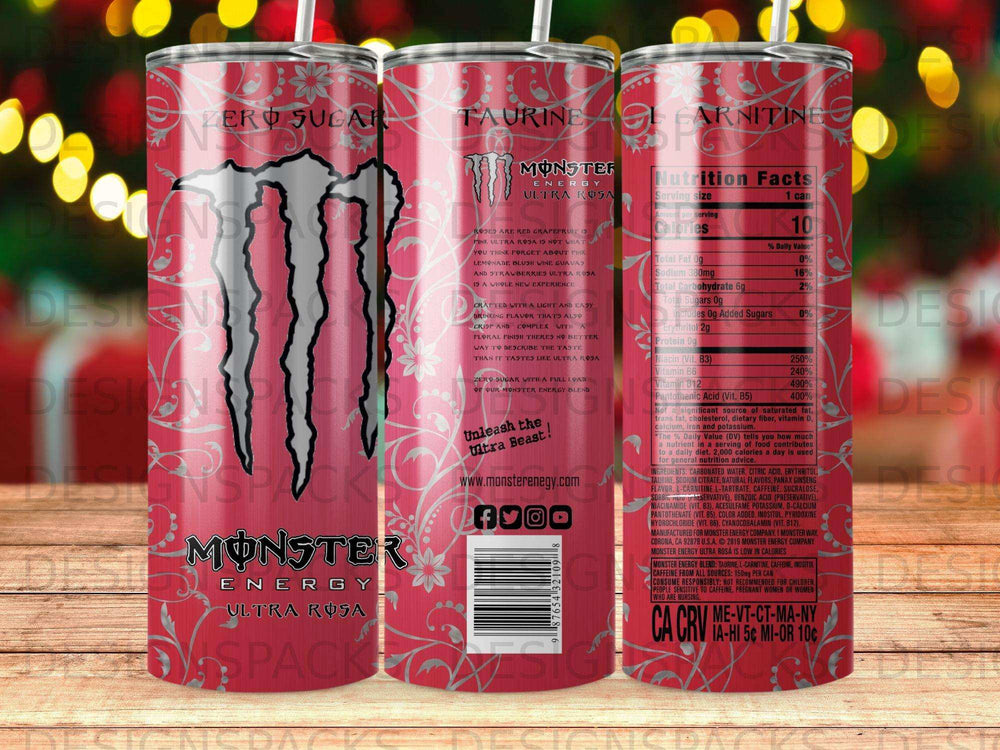 Monster Energy Ultra Rosa zero sugar canned beverage with nutrition facts.