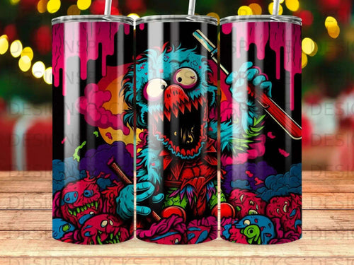 Monster with paintbrush dripping paint onto abstract colorful background.