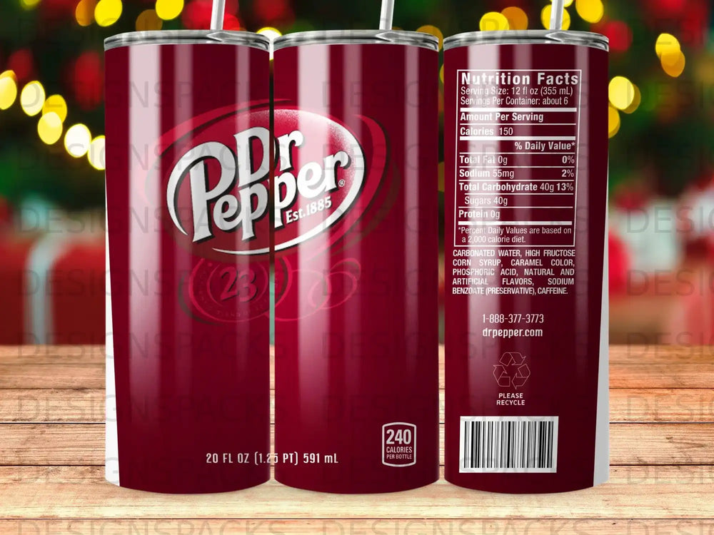 Dr Pepper 20 oz tumbler with nutrition facts and recycling logo.