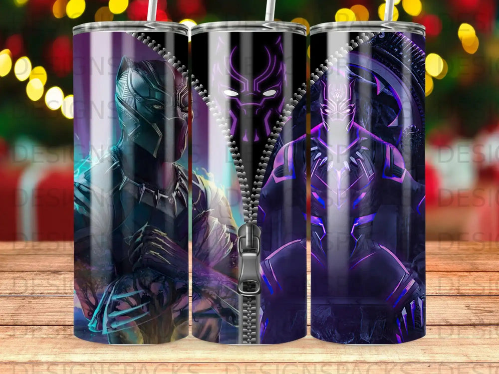 Black Panther character illustration with zipper split, against a bokeh background.