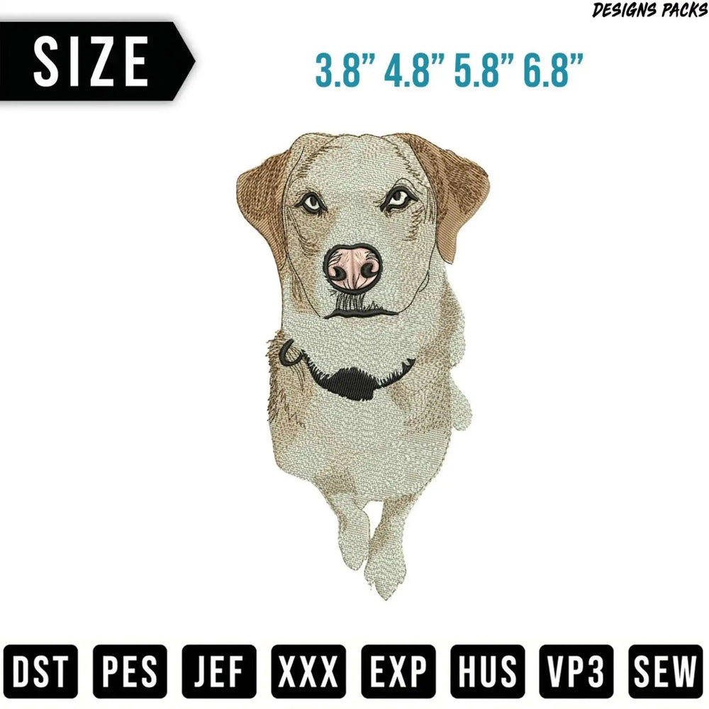 Dog embroidery design with size and file format options.