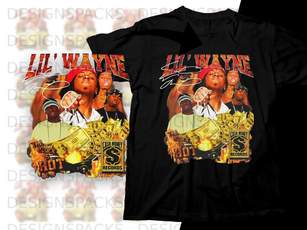 Lil Wayne 'Tha Block Is Hot' album art t-shirt with cash and fire.