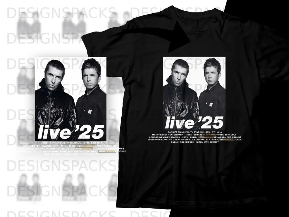 Black t-shirt with "live '25" and tour dates featuring Liam and Noel Gallagher.