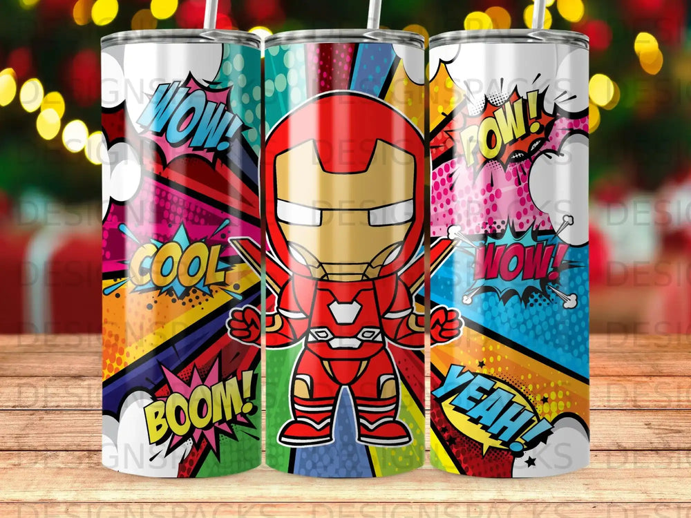Iron Man in a comic book style with "Wow!", "Cool!", "Boom!", and "Yeah!" speech bubbles.