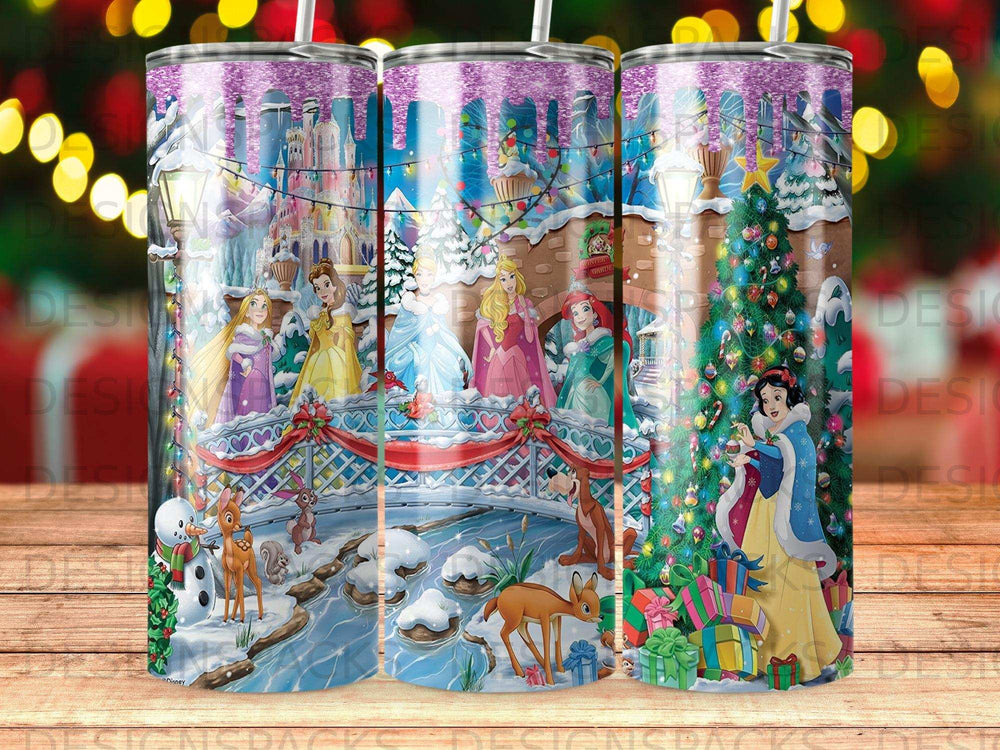 Disney princesses and characters on a snowy bridge with castle and Christmas tree.