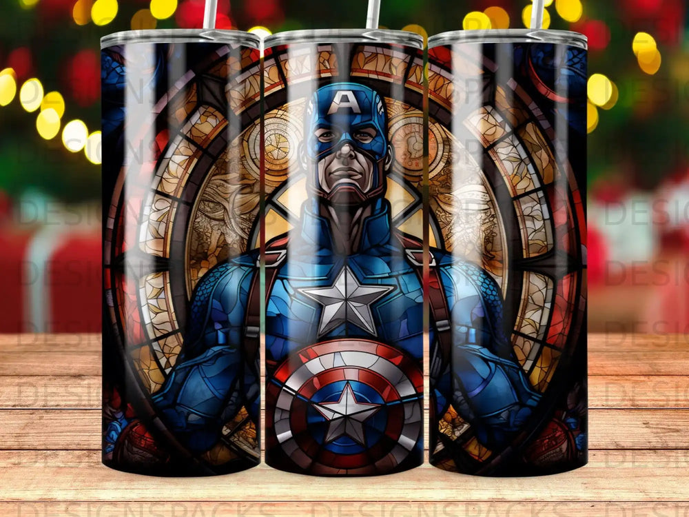 Captain America in stained glass window style with shield.