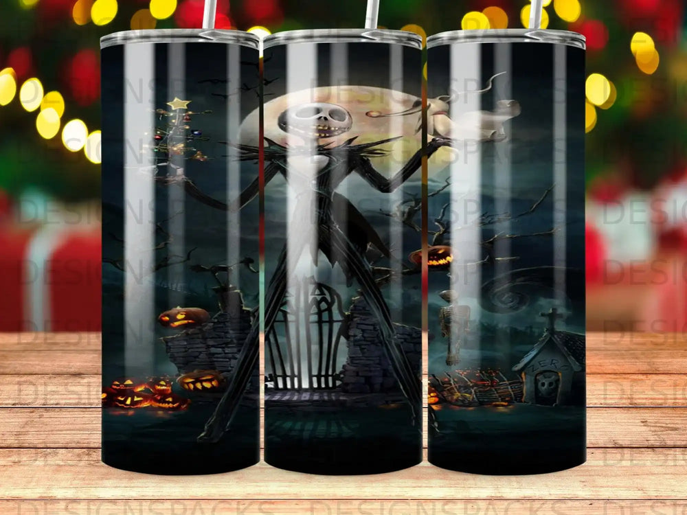 Jack Skellington and Halloween graveyard scene on a skinny tumbler.