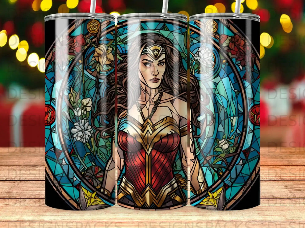 Wonder Woman stained glass design on a tumbler.