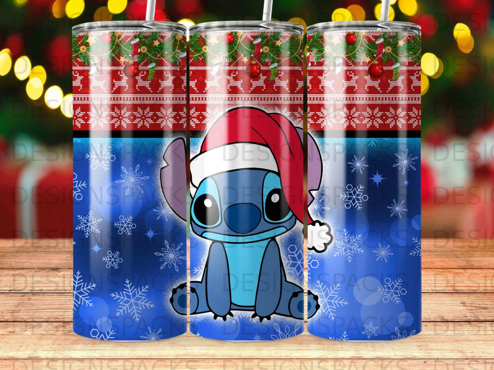 Stitch wearing a Santa hat on a blue snowflake background.