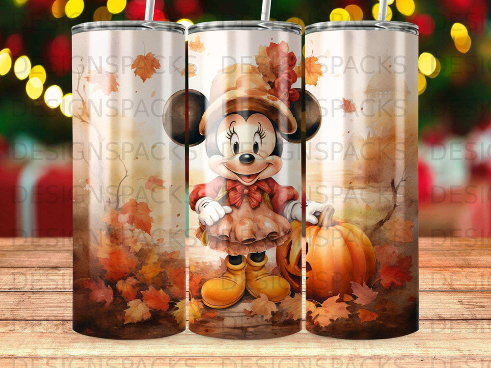 Minnie Mouse in a fall dress with a pumpkin.
