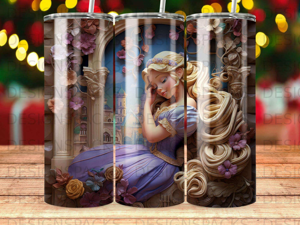 Rapunzel in a purple dress leans against a stone pillar, looking thoughtful.