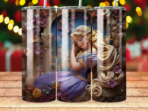 Rapunzel in a purple dress leans against a stone pillar, looking thoughtful.