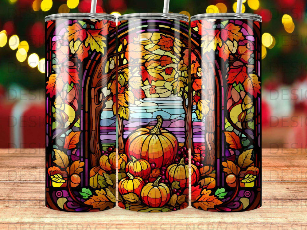 Autumn stained glass design with pumpkins and colorful fall leaves.