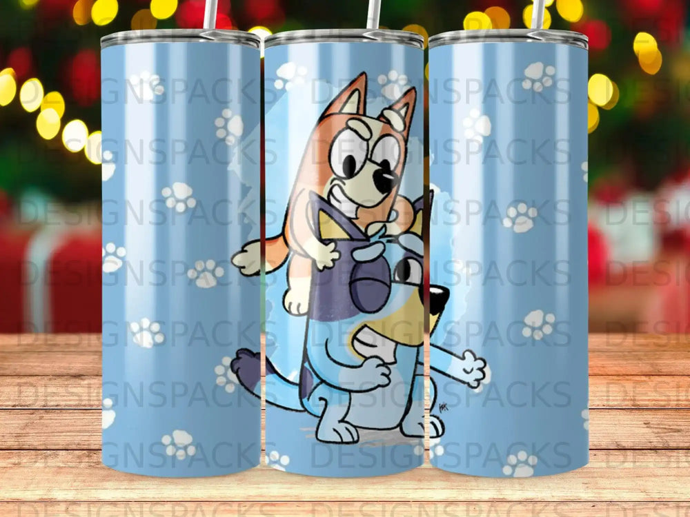 Bluey and Bingo characters on a blue background, pattern of clouds and paw prints.