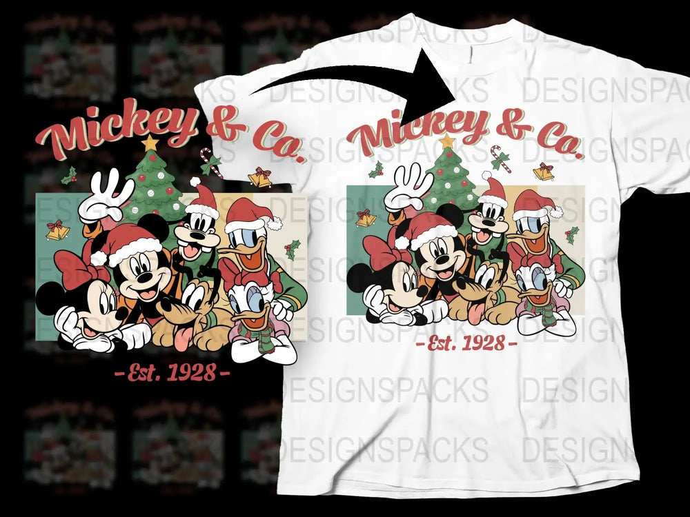 Vintage Mickey and Co Christmas T-Shirt, Disney Holiday Tee, Retro 1928 Cartoon Characters, Festive Family Apparel