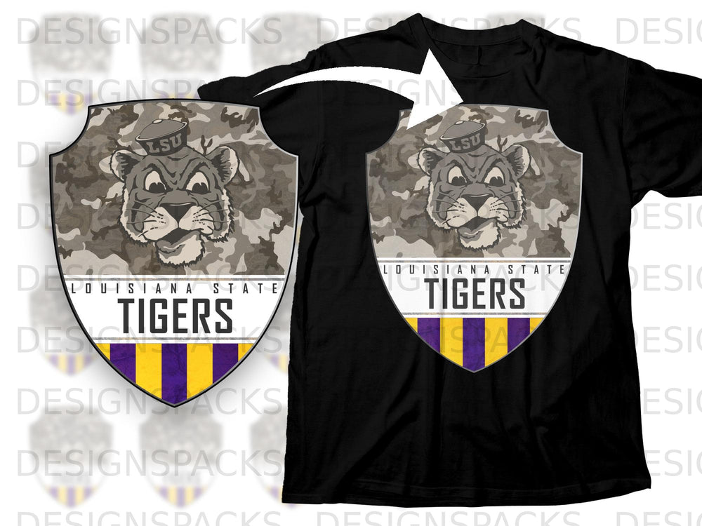 LSU Tigers shield graphic with camouflage background on black t-shirt.