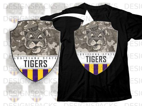 LSU Tigers shield graphic with camouflage background on black t-shirt.