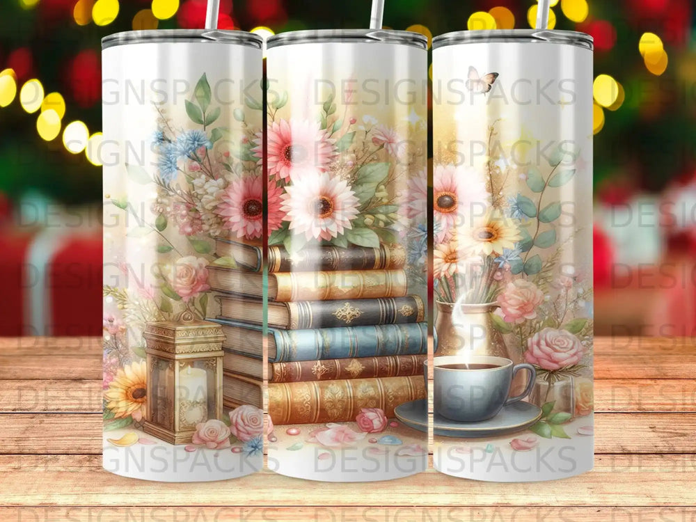 Stack of books with flowers, a lantern, and a coffee cup.