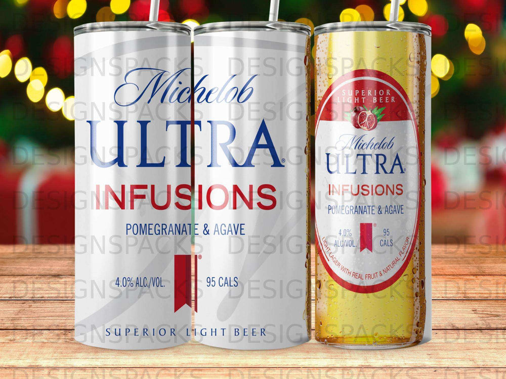 Michelob Ultra Pomegranate & Agave infusions beer cans with visible nutritional information.