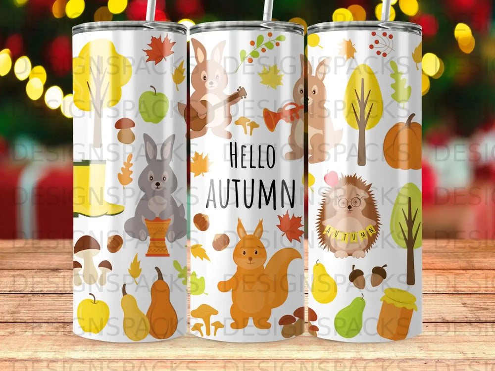 Autumn themed tumblers with cute animals, pumpkins, and leaves.