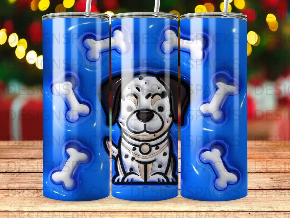 Dalmatian dog on blue background with bones and watermarks.