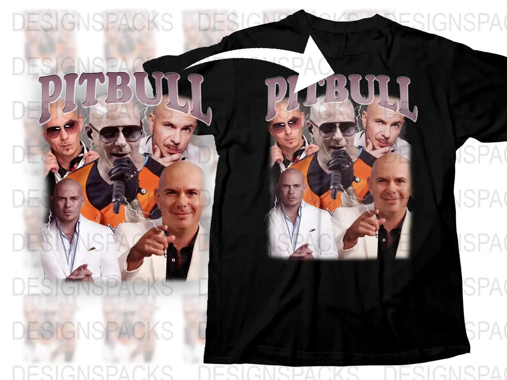 Pitbull Graphic T-Shirt, Multiple Poses Print, Men's Black Tee, Music Artist Inspired, Fan Merchandise, Casual Streetwear Style