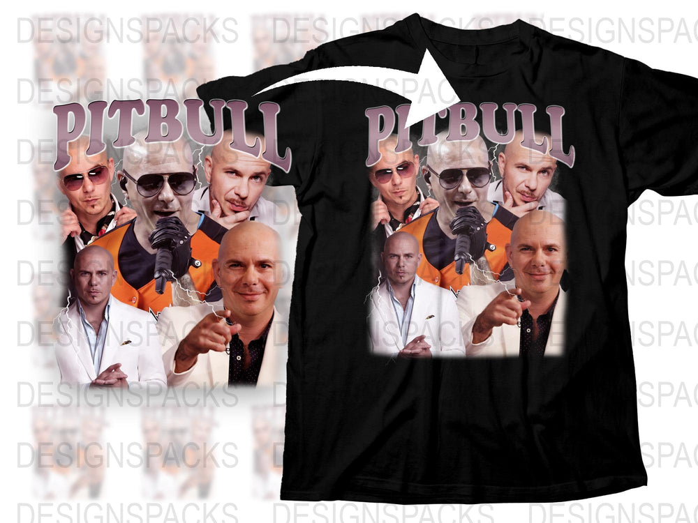 Pitbull Graphic T-Shirt, Multiple Poses Print, Men's Black Tee, Music Artist Inspired, Fan Merchandise, Casual Streetwear Style
