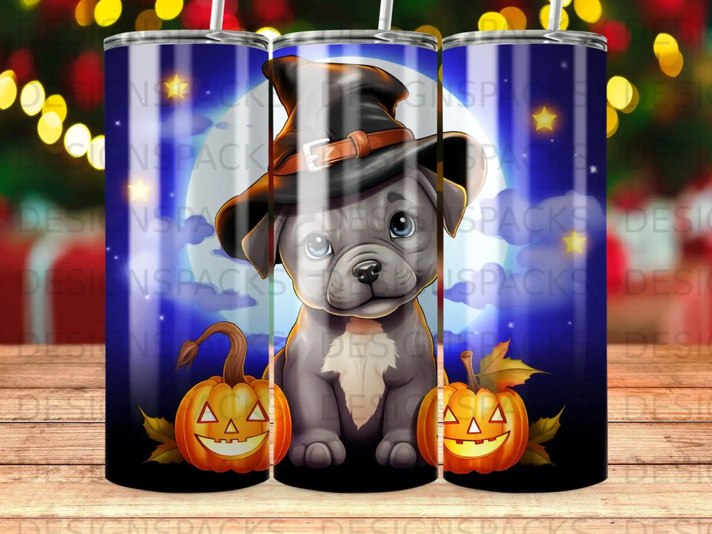 Halloween puppy with pumpkins and a witch hat.