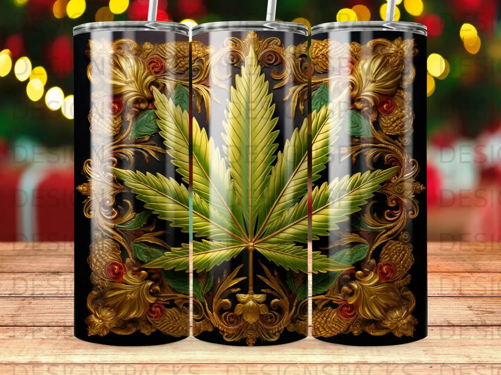 Green cannabis leaf within an ornate gold frame on a black background.