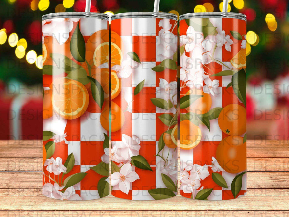 Orange and white floral checkerboard pattern tumbler.