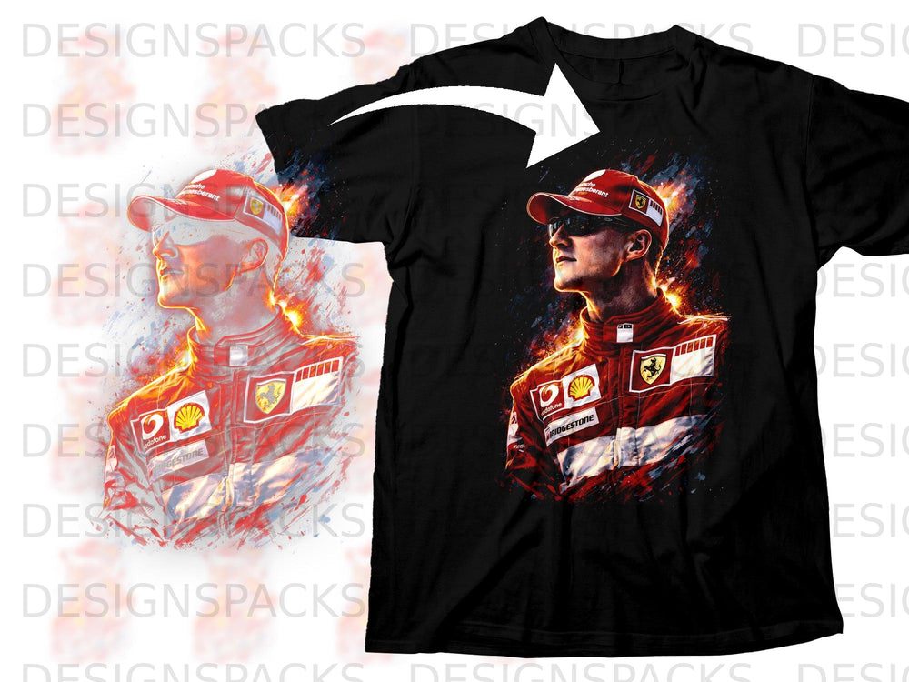 Ferrari racing suit with Michael Schumacher and flames graphic on black t-shirt.