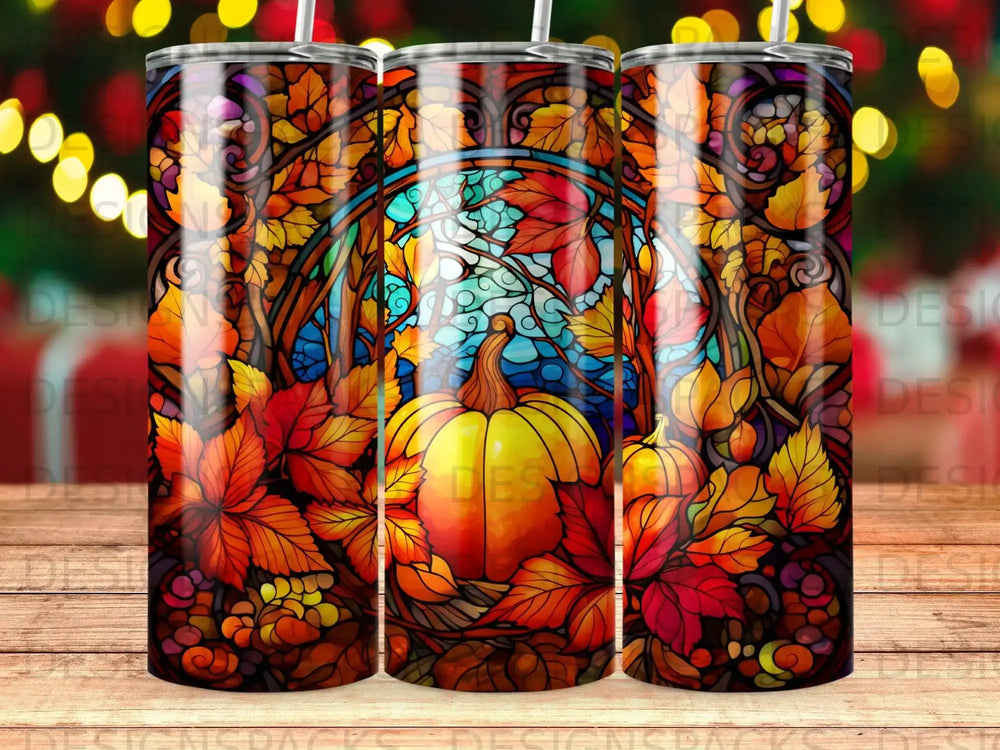 Fall stained glass with pumpkin, leaves, and berries.
