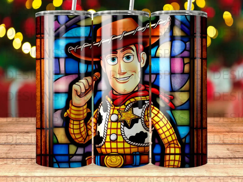 Woody from Toy Story in stained glass style on a tumbler.