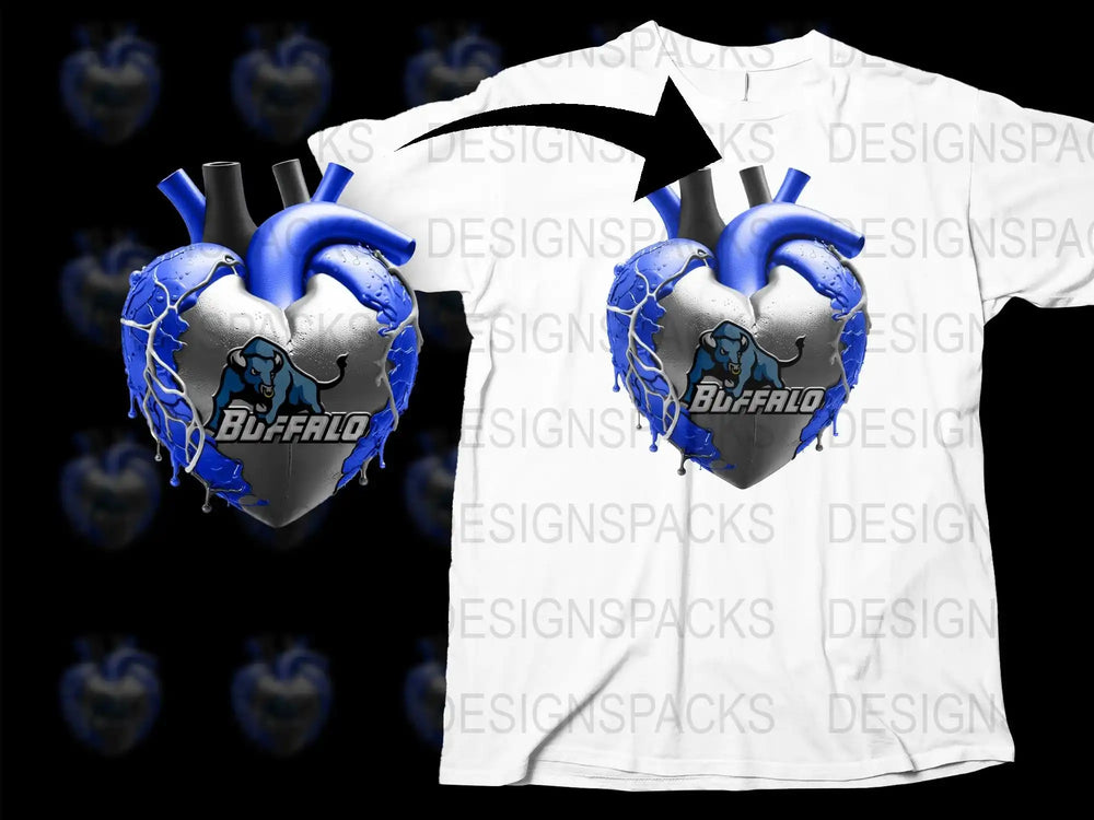 Buffalo Heart Graphic T-Shirt, Blue and Silver Athletic Heart Design, Sports Fan Tee, Bold Statement Shirt, Unique Gift Idea