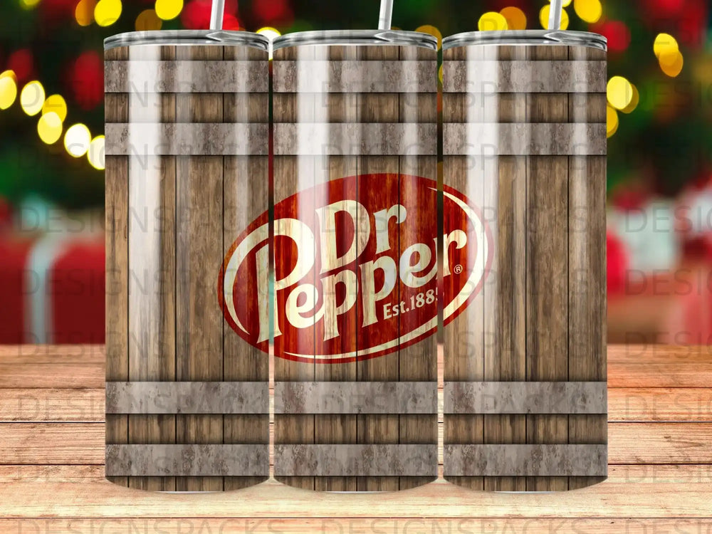 Dr. Pepper barrel tumbler with wood grain texture and logo.