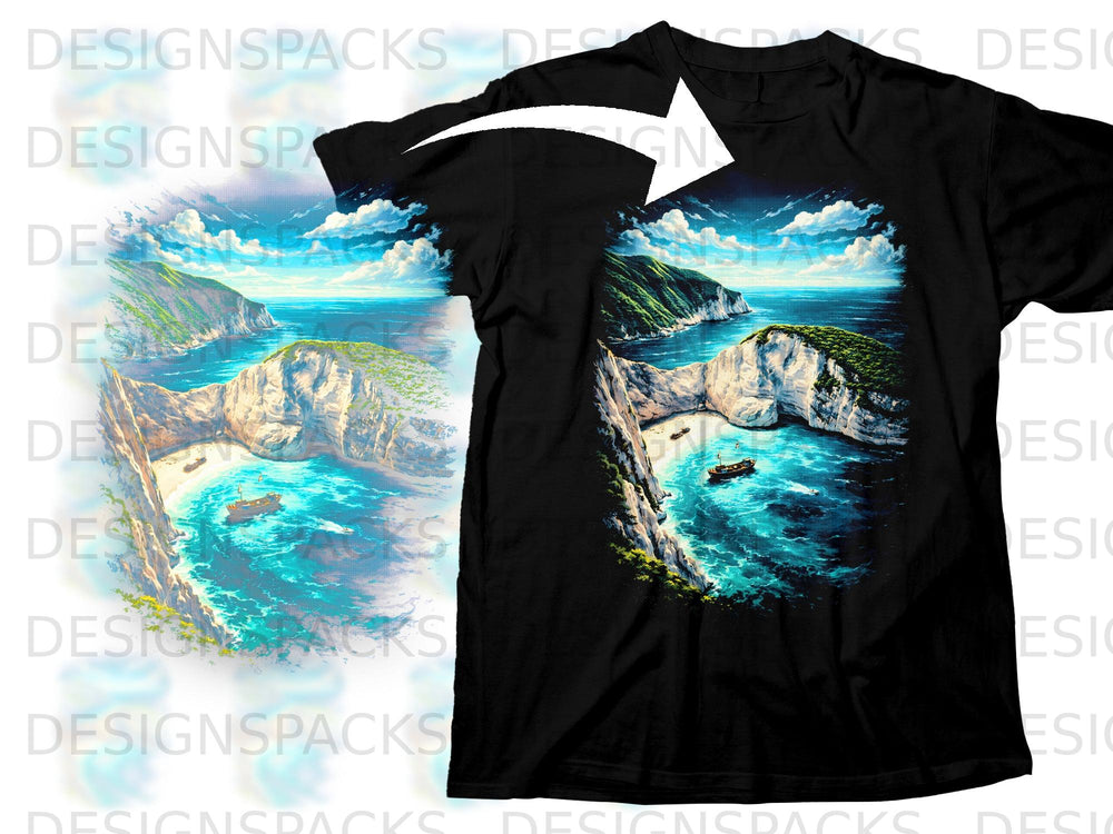 Black t-shirt featuring a vibrant beach and sea landscape with boats.