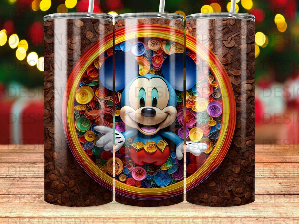 Mickey Mouse character in a colorful, circular, textured background.