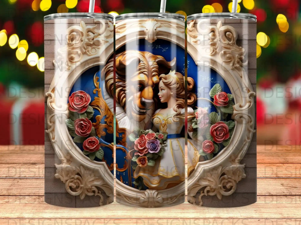 Belle and Beast in ornate frame with roses on patterned background.