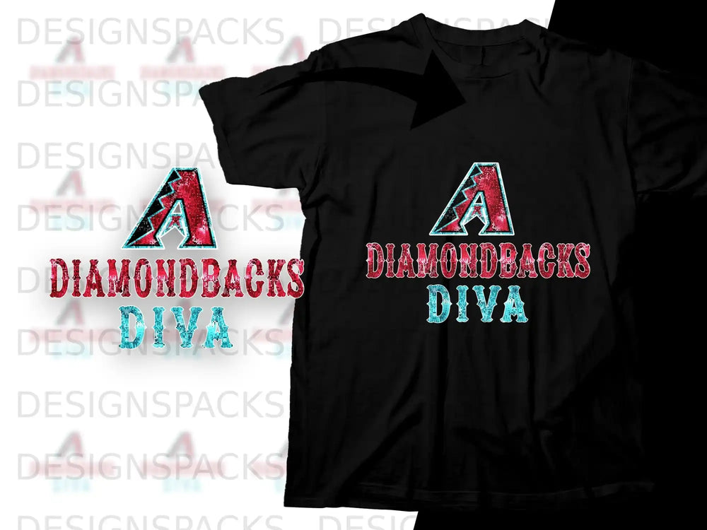 Black t-shirt with "Diamondbacks Diva" text and a sparkly red, white, and blue "A" logo.